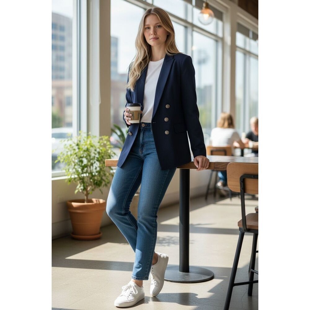 Maison Jules Navy Blue Button Open Front Jacket Blazer Long Sleeve Sz L
